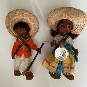 Pair Man Woman Mexican Folk Art Dolls Oil Cloth in Peasant Costumes